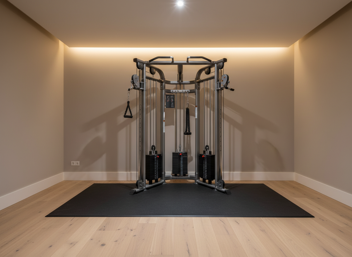 A luxuriously appointed home gym nook showcasing a second-hand, commercial-grade cable machine with a matte graphite frame and satin chrome pulleys, set against a refined, light taupe wall. The machine’s weight stacks display minimal, tasteful signs of prior use, while the cables and handles appear meticulously maintained. A pristine black rubber mat anchors the equipment on pale oak flooring that transitions into the workout zone. Warm, indirect LED strip lighting along the ceiling washes the wall with a soft glow, while a subtle spotlight creates a polished sheen on the metal surfaces. Photographic realism from a slightly elevated, wide-angle perspective, maintaining sharp focus throughout. The mood is composed, professional, and high-end, presenting second-hand premium equipment as an integral part of a sophisticated home environment.
