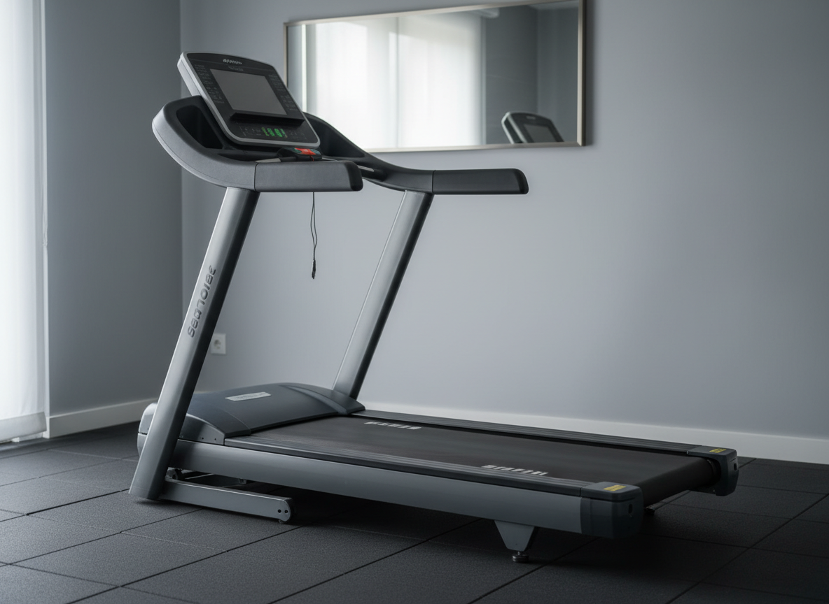 A close-up, photographic realism shot of a second-hand but immaculate commercial-grade treadmill with a sleek graphite frame and polished chrome accents, positioned in a minimalist home gym space. The console screen is powered off, displaying a faint reflection of the room, while the running belt shows subtle signs of careful use. The treadmill stands on seamless charcoal rubber tiles, with a wall of soft grey behind it and an elegant, wall-mounted mirror partially visible in tasteful blur. Cool, diffused daylight from a nearby window casts refined shadows and crisp highlights along the edges, creating a sophisticated, almost gallery-like atmosphere. Captured from a three-quarter front angle with moderate depth of field, the composition feels clean, quiet, and curated, emphasizing the premium nature of second-hand equipment for home fitness.