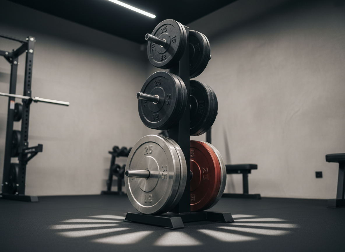 An elegantly organized rack of premium second-hand weight plates, each with slightly softened edges and faint, tasteful scuff marks, stacked on a matte black vertical plate tree. The plates are a mix of deep black rubber bumper plates and metallic competition-style discs with engraved weight markings. They stand in a dedicated corner of a home gym, bordered by smooth concrete walls and seamless black flooring. Soft, directional artificial lighting from a minimalist overhead fixture creates refined highlights on the metallic surfaces and gentle shadows radiating outward. Photographic realism at a slightly low, three-quarter angle, with the background subtly blurred to suggest other high-end machines. The atmosphere is understated, calm, and sophisticated, conveying the sense of a thoughtfully curated, high-performance yet sustainable fitness space.