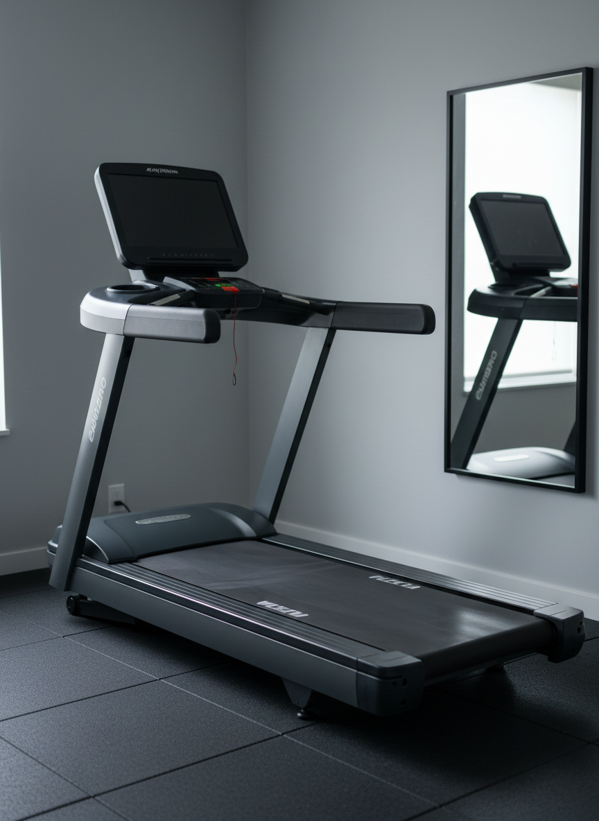 A close-up, photographic realism shot of a second-hand but immaculate commercial-grade treadmill with a sleek graphite frame and polished chrome accents, positioned in a minimalist home gym space. The console screen is powered off, displaying a faint reflection of the room, while the running belt shows subtle signs of careful use. The treadmill stands on seamless charcoal rubber tiles, with a wall of soft grey behind it and an elegant, wall-mounted mirror partially visible in tasteful blur. Cool, diffused daylight from a nearby window casts refined shadows and crisp highlights along the edges, creating a sophisticated, almost gallery-like atmosphere. Captured from a three-quarter front angle with moderate depth of field, the composition feels clean, quiet, and curated, emphasizing the premium nature of second-hand equipment for home fitness.