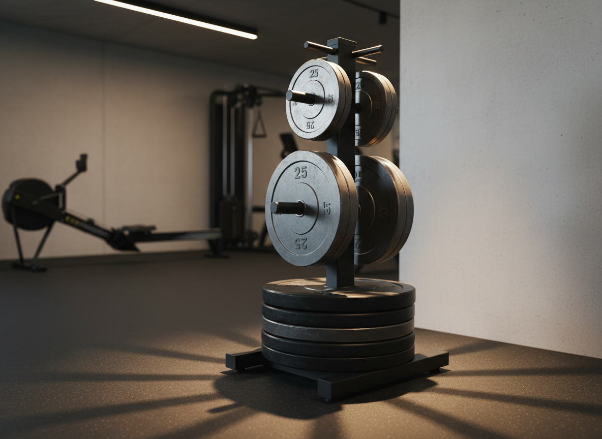 An elegantly organized rack of premium second-hand weight plates, each with slightly softened edges and faint, tasteful scuff marks, stacked on a matte black vertical plate tree. The plates are a mix of deep black rubber bumper plates and metallic competition-style discs with engraved weight markings. They stand in a dedicated corner of a home gym, bordered by smooth concrete walls and seamless black flooring. Soft, directional artificial lighting from a minimalist overhead fixture creates refined highlights on the metallic surfaces and gentle shadows radiating outward. Photographic realism at a slightly low, three-quarter angle, with the background subtly blurred to suggest other high-end machines. The atmosphere is understated, calm, and sophisticated, conveying the sense of a thoughtfully curated, high-performance yet sustainable fitness space.
