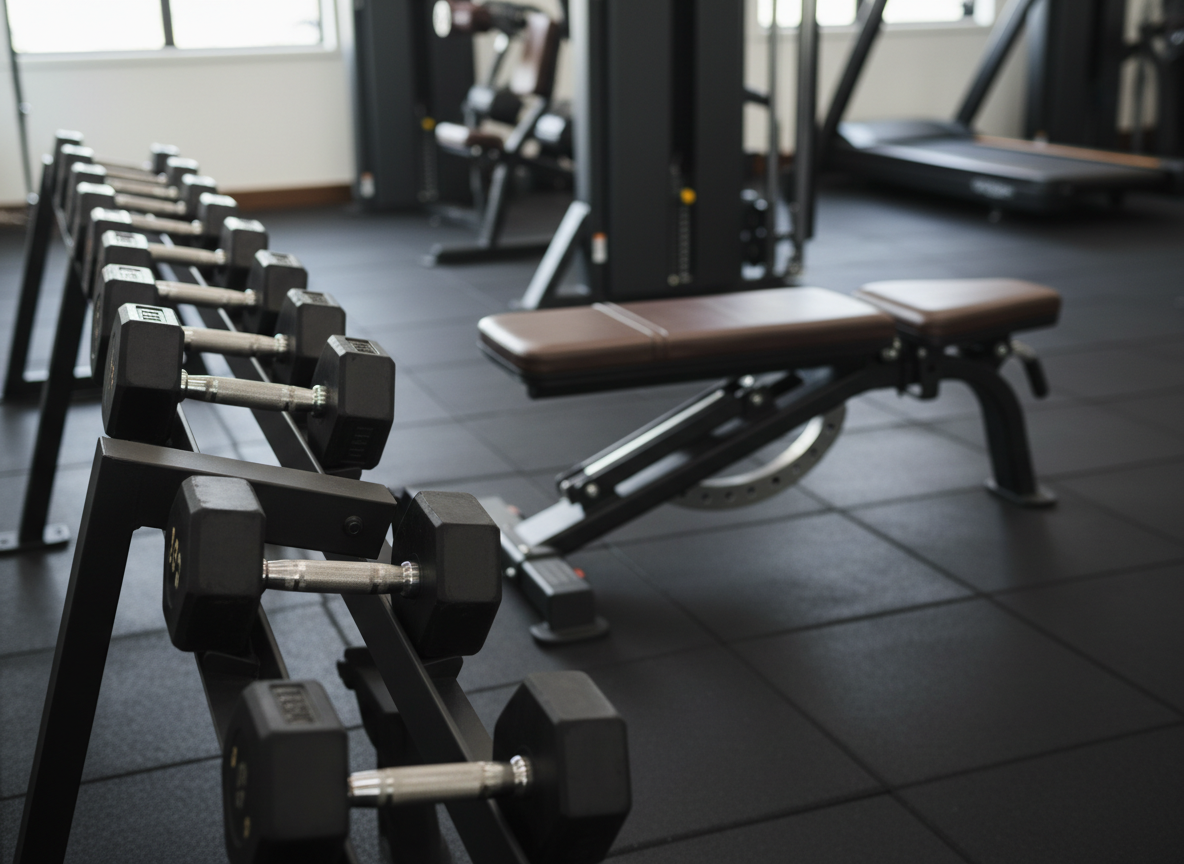 A meticulously arranged corner of a luxury home gym, featuring a line of second-hand premium dumbbells with brushed stainless-steel handles and subtly worn but pristine black rubber heads, resting on a matte black tiered rack. Behind them, a high-end adjustable bench with slightly patinated leather upholstery sits on flawless dark rubber flooring. Soft natural daylight enters from an unseen window to the left, creating gentle highlights on the metal and understated reflections on the floor. The background fades into a tasteful blur of premium machines, emphasizing sophistication and longevity. Photographic realism, shot at eye level with a shallow depth of field, rule-of-thirds composition, calm and aspirational atmosphere, clean and modern aesthetic that communicates curated, high-quality second-hand fitness equipment.