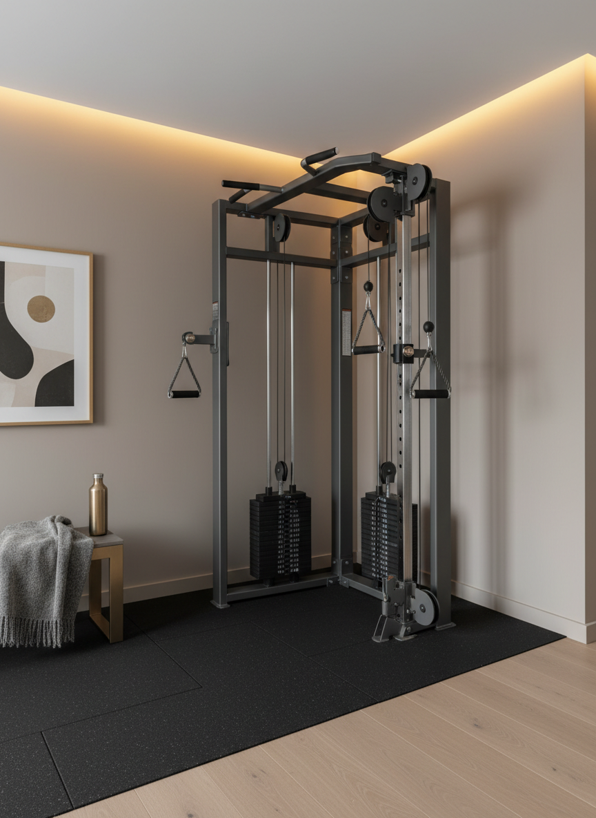 A luxuriously appointed home gym nook showcasing a second-hand, commercial-grade cable machine with a matte graphite frame and satin chrome pulleys, set against a refined, light taupe wall. The machine’s weight stacks display minimal, tasteful signs of prior use, while the cables and handles appear meticulously maintained. A pristine black rubber mat anchors the equipment on pale oak flooring that transitions into the workout zone. Warm, indirect LED strip lighting along the ceiling washes the wall with a soft glow, while a subtle spotlight creates a polished sheen on the metal surfaces. Photographic realism from a slightly elevated, wide-angle perspective, maintaining sharp focus throughout. The mood is composed, professional, and high-end, presenting second-hand premium equipment as an integral part of a sophisticated home environment.