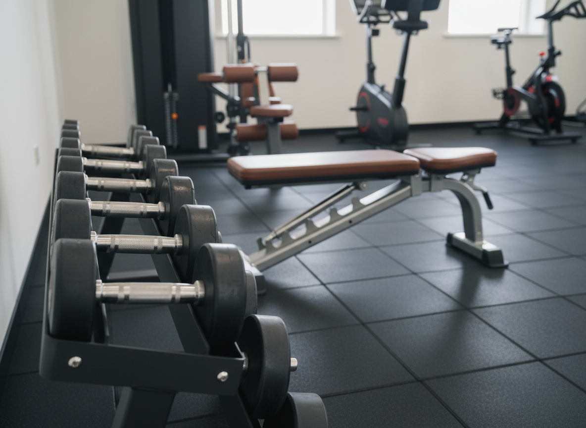 A meticulously arranged corner of a luxury home gym, featuring a line of second-hand premium dumbbells with brushed stainless-steel handles and subtly worn but pristine black rubber heads, resting on a matte black tiered rack. Behind them, a high-end adjustable bench with slightly patinated leather upholstery sits on flawless dark rubber flooring. Soft natural daylight enters from an unseen window to the left, creating gentle highlights on the metal and understated reflections on the floor. The background fades into a tasteful blur of premium machines, emphasizing sophistication and longevity. Photographic realism, shot at eye level with a shallow depth of field, rule-of-thirds composition, calm and aspirational atmosphere, clean and modern aesthetic that communicates curated, high-quality second-hand fitness equipment.