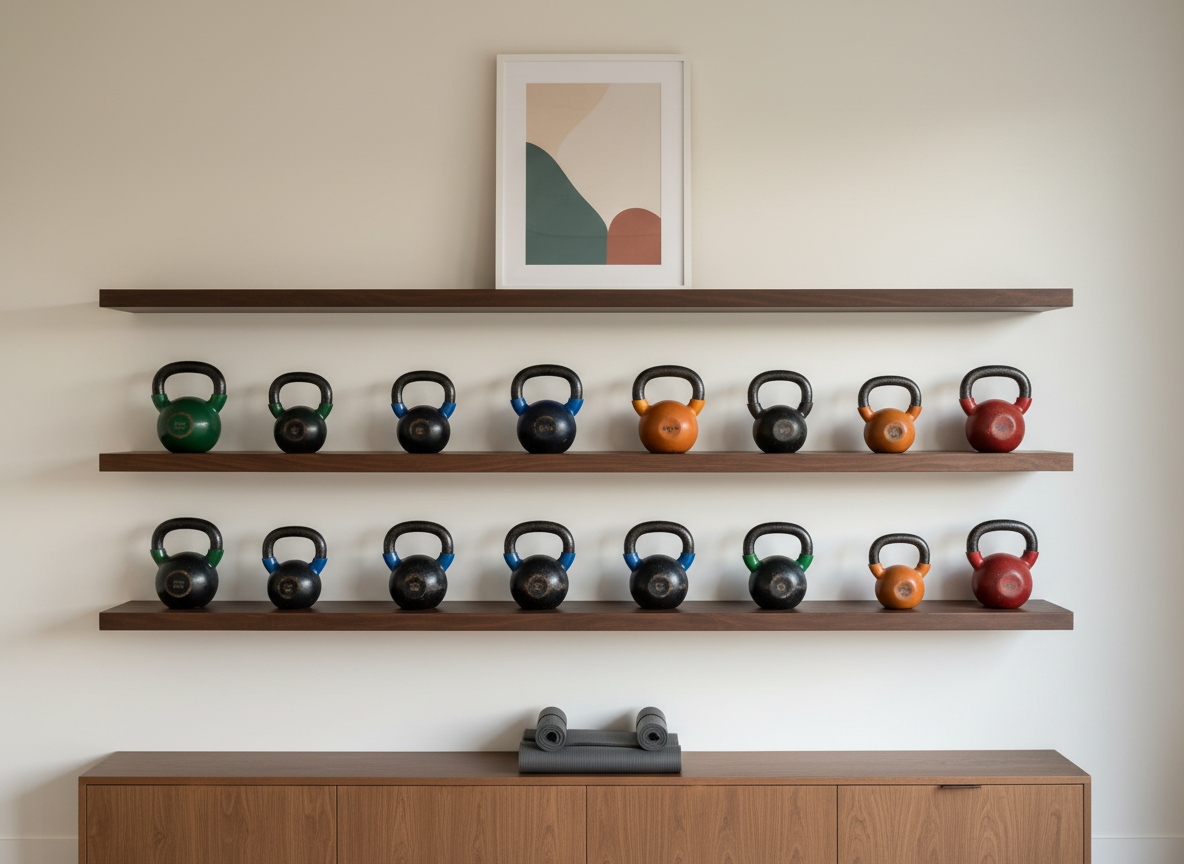 A tastefully minimal home gym storage wall featuring a second-hand but premium set of kettlebells, each with a matte black finish and subtly worn, color-coded handles, arranged by size on floating dark wood shelves. Below, a small stack of neatly rolled, charcoal-grey exercise mats rests in a low, open cabinet with a smooth oak facade. The backdrop is a flawless warm white wall, accented by a single framed abstract print in muted tones. Gentle late-afternoon natural light filters in from the right, creating soft gradients of shadow beneath each kettlebell and a refined highlight along their curved surfaces. Photographic realism, shot straight-on with balanced composition and moderate depth of field, exuding a serene, gallery-like sophistication that elevates second-hand equipment to design objects within a stylish home fitness space.